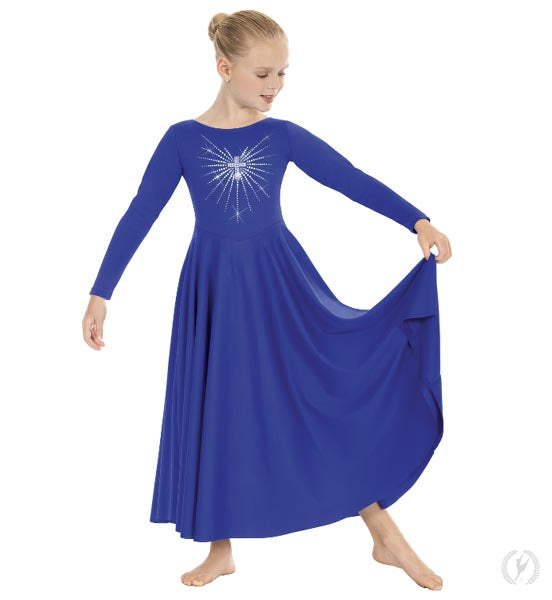 Eurotard 11030C Girls Front Lined Long Sleeve Praise Dress with Rhinestone Radiant Cross Blue